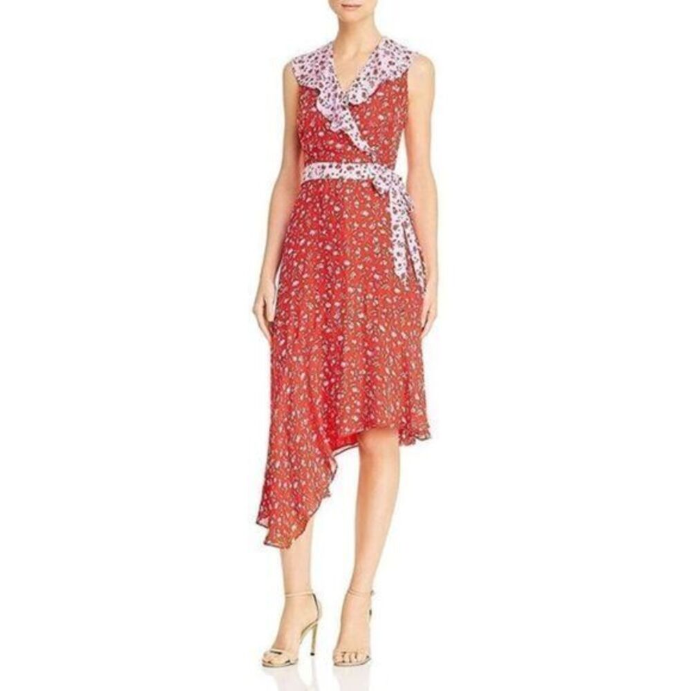 PARKER Jennifer Combo Pink Wrap Floral Midi Ruffle Dress US 8